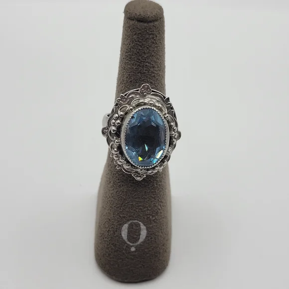 Vintage Adjustable Whiting And Davis Statement Ring Blue And Clear Stone Size 6 - Picture 3 of 12